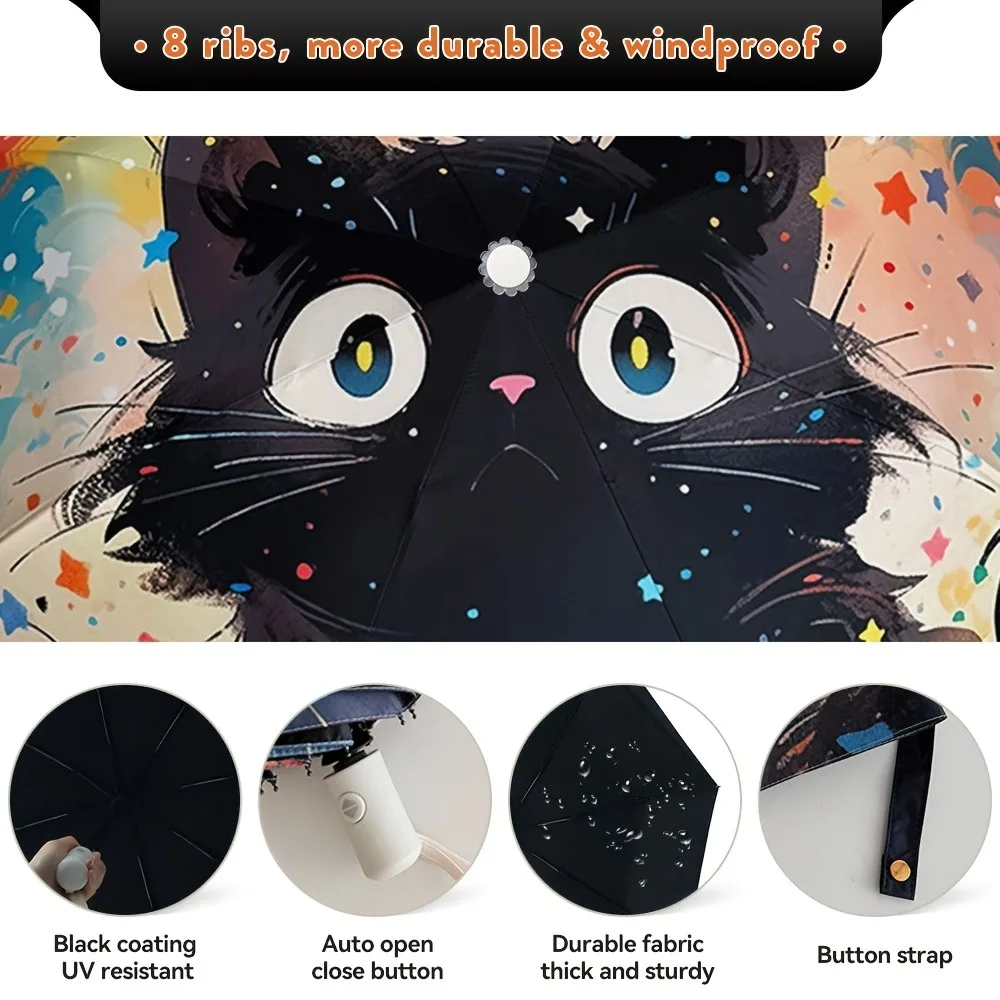 1pc Star Cat Cartoon Umbrella Suitable for Rain Fully Automatic Compact Portable Wind Resistant Ribs