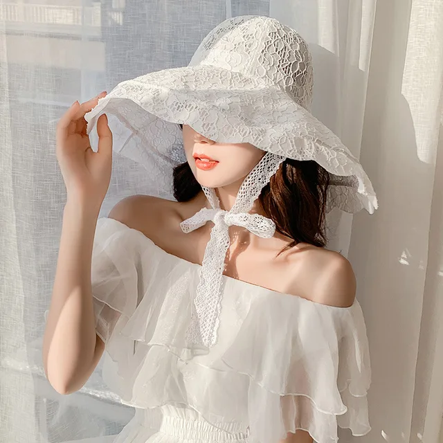 New Wide Brim Sun Hat Women Lace Hat Summer White Black Lace Party Wedding Packable Beach Hat 1