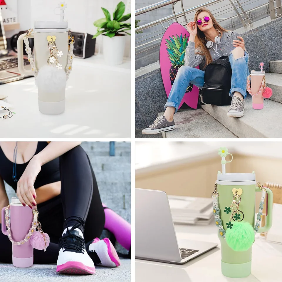 QUNNDY Set Accessori Per Tazze Stanley – 3 Copricannucce Con Fiocco Rosa, 2 Ciondoli Lettera A Forma Di Fiore Per Stanley 30/40 Oz (880/1134 G)
