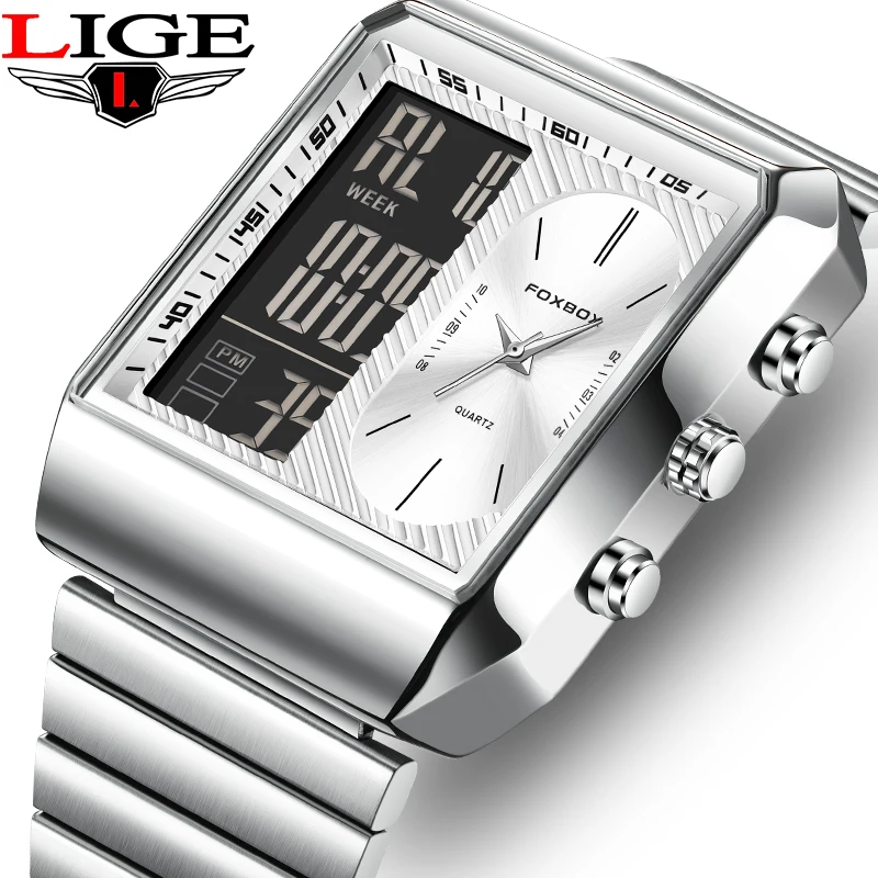 Montre électronique FOXBOX pour homme, mode, affaires, simple, bracelet en acier inoxydable, montres pour homme, décontractée, sport, alarme, double affichage numérique