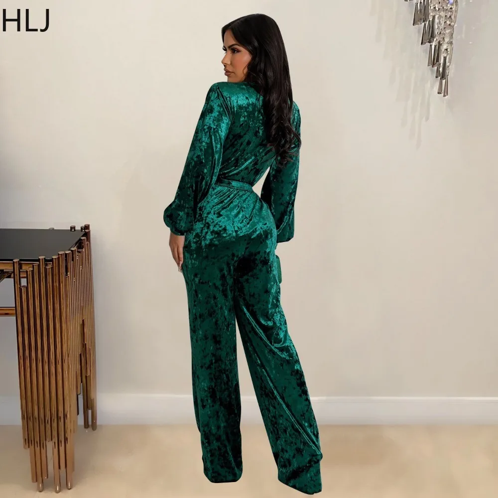 HLJ Fashion Velvet Deep V Slim Lace Up Jumpsuits Women Long Sleeve Solid Color Wide Leg Pants One Piece Playsuits Female Overall