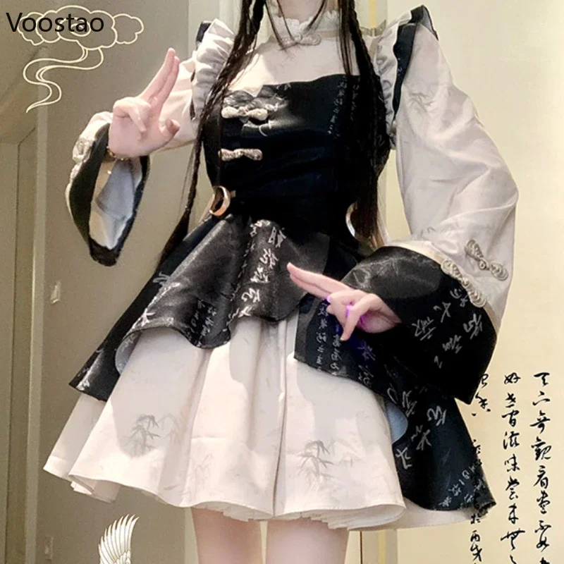 Chinese Style Vintage Lolita Princess Dress Women Elegant Gothic Bamboo Leaf Print Cheongsam Mini Dresses Sweet Y2k Vestidos