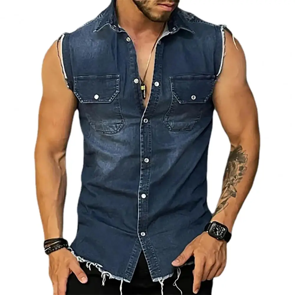 Trendy Vest Coat Sleeveless 3D Cutting Slim Fit Denim Vest Jacket  Shrink Resistant Denim Jacket Daily Clothing