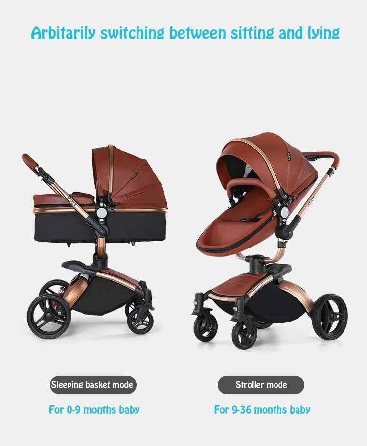 Luxury Leather 3 in 1 Baby Stroller Two Way Suspension 2 in 1 Stroller Safety Car Seat Newborn Bassinet Baby CarriagePram Fold