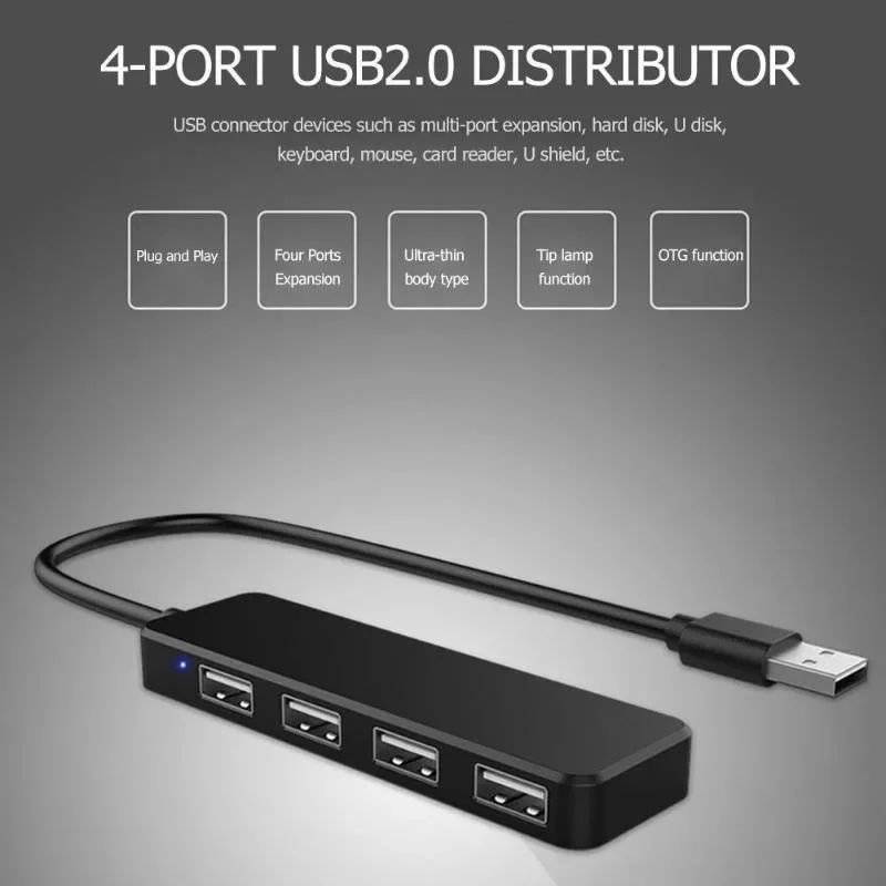 USB 2.0 Ultra-thin USB 2.0 Multi-USB 4 Port Splitter Hub Adapter Dock Expander PC Laptop Computer Accessories