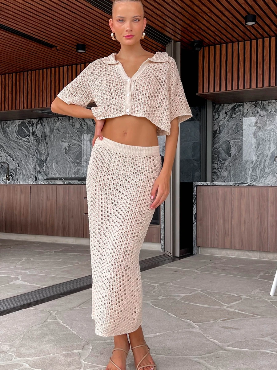 

Lairauiy Women’s Elegant Two Piece Summer Outfits Short Sleeve Knit Button Turn-down Collar Crop Tops and Long Skirt Pencil Set