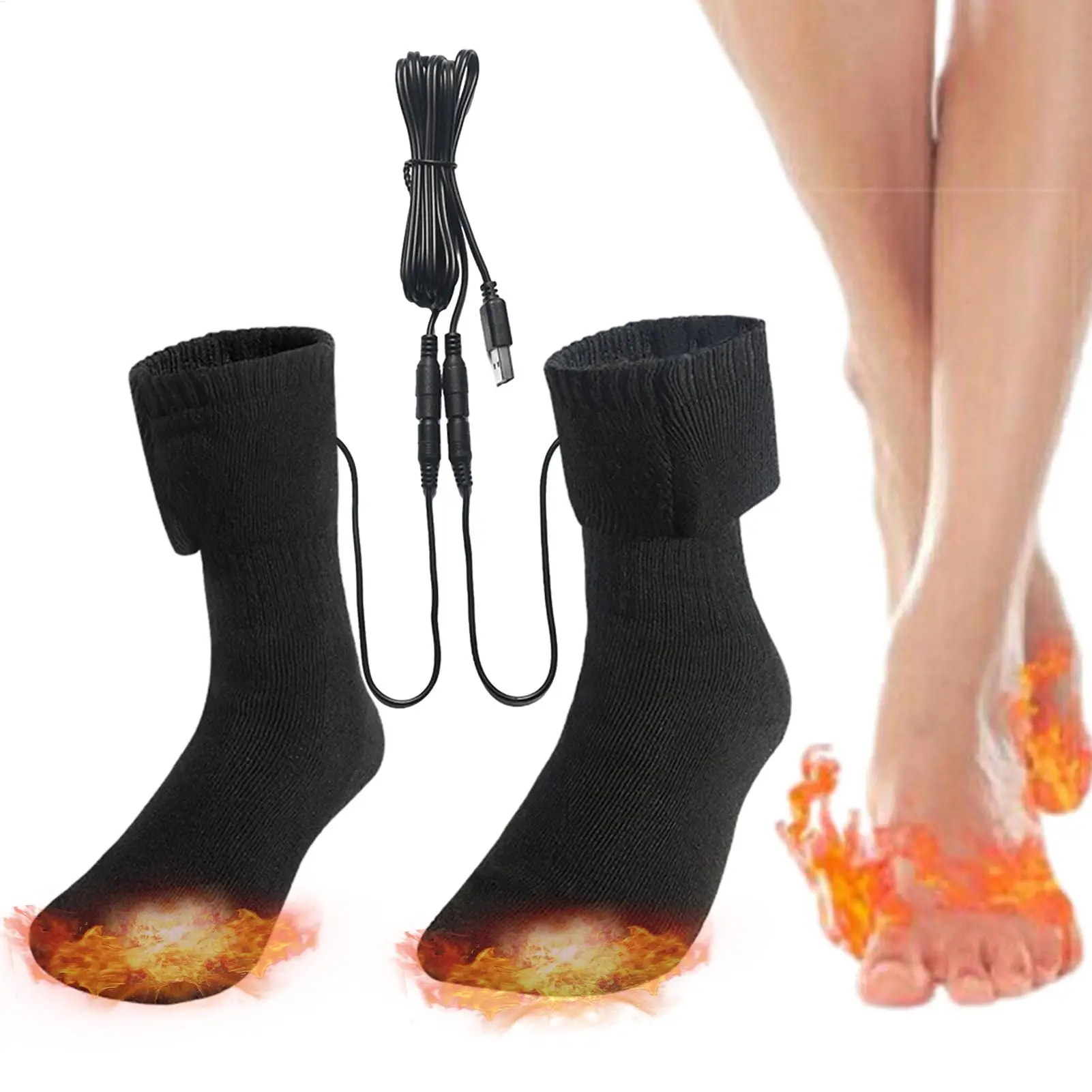 Winter Heating Socks Cold-Proof Quick Heating Long Foot Warmer Socks Breathable USB Heated Socks for Hiking Traveling Walking