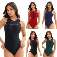 Woman's Athletic Sport One-piece Bathing Suit Racerback Boyleg Swimwear Swimsuit Beach Wear Front Zip Wear