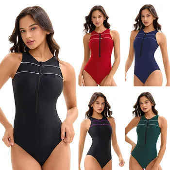 Woman's Athletic Sport One-piece Bathing Suit Racerback Boyleg Swimwear Swimsuit Beach Wear Front Zip Wear 1