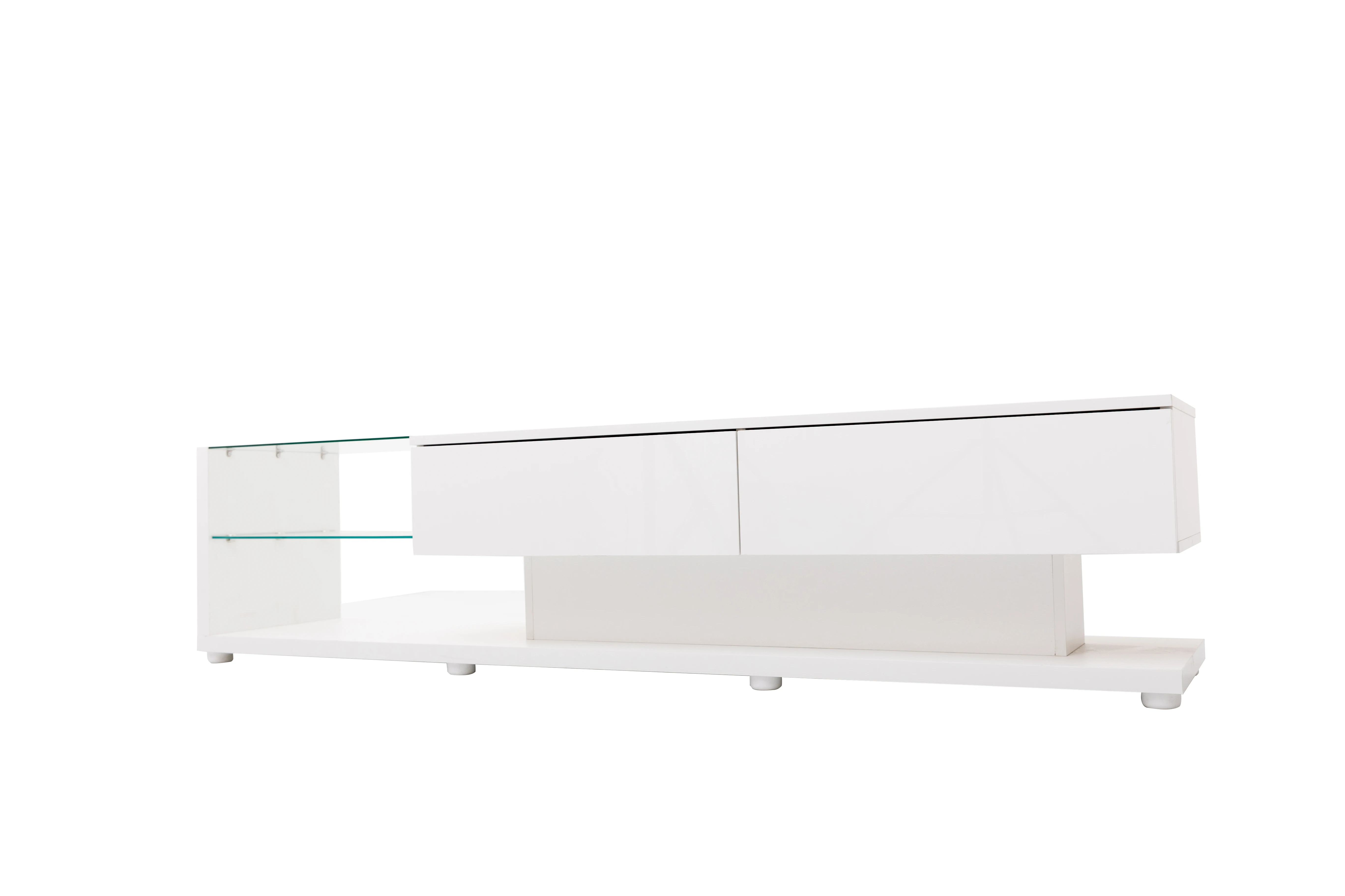TV-Schränke, niedrige Paneele, hochglänzende weiße Glastrennwände und variable LED-Beleuchtung. Es kombiniert natürlicher, rustikaler Stil mit modern – Detail 23