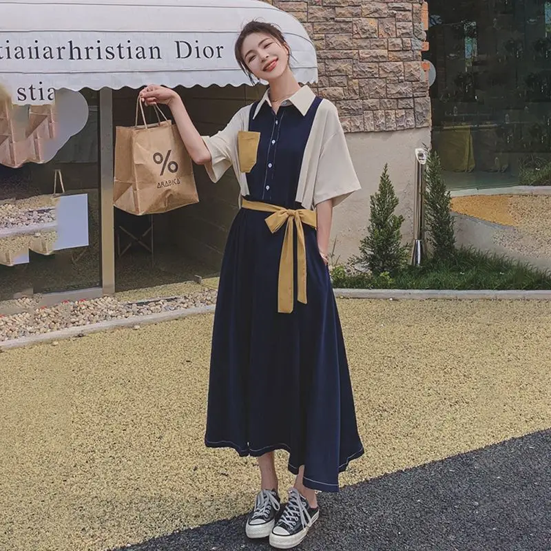 Dress for Women Temperament Shirt Skirt Retro Splicing Contrast Color Over Knee Mid-length Lapel Waist to Make You Look Thin 6