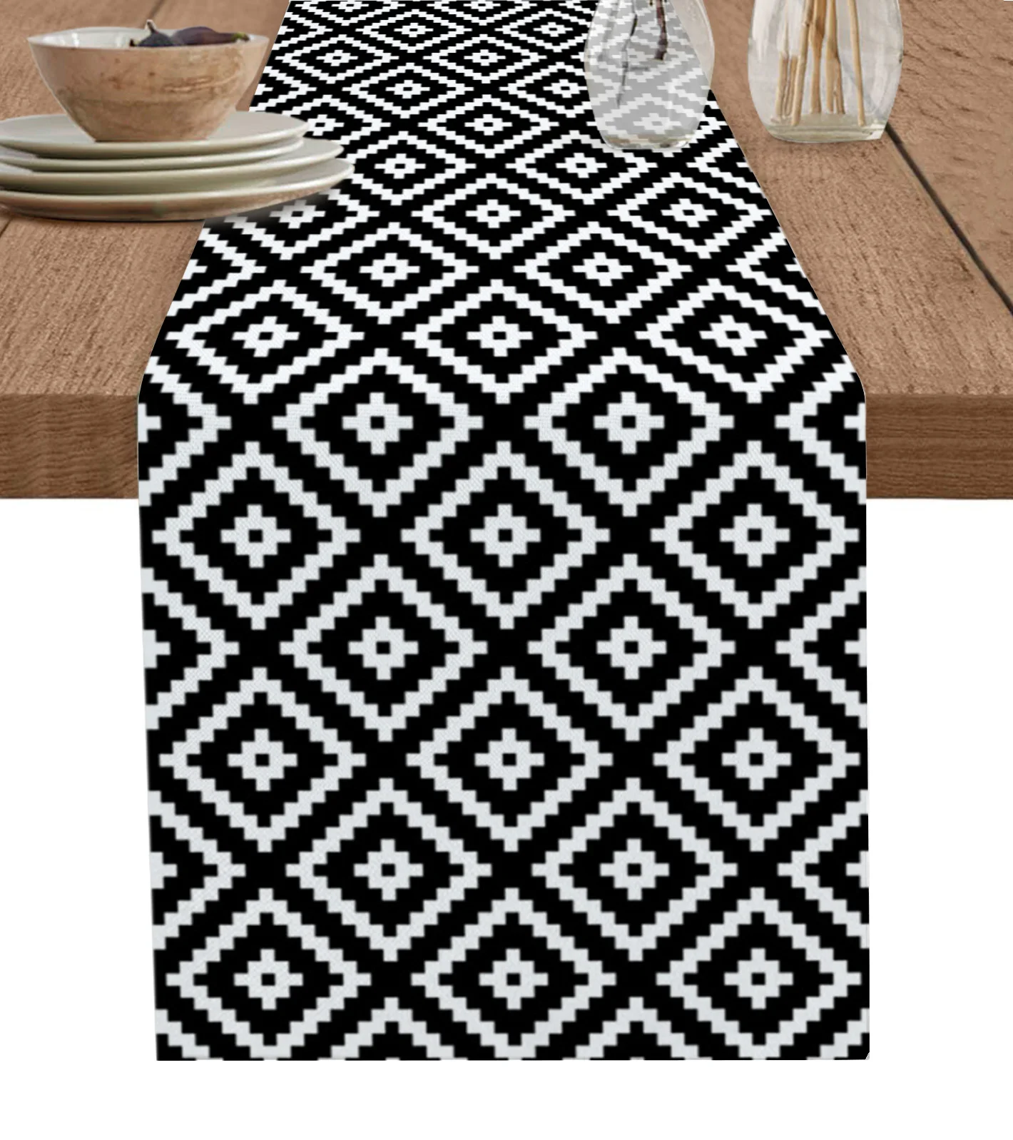 

Geometric Square Texture Black Table Runner Cotton Linen Wedding Table Decor Tablecloth Christmas Table Decor Table Cover