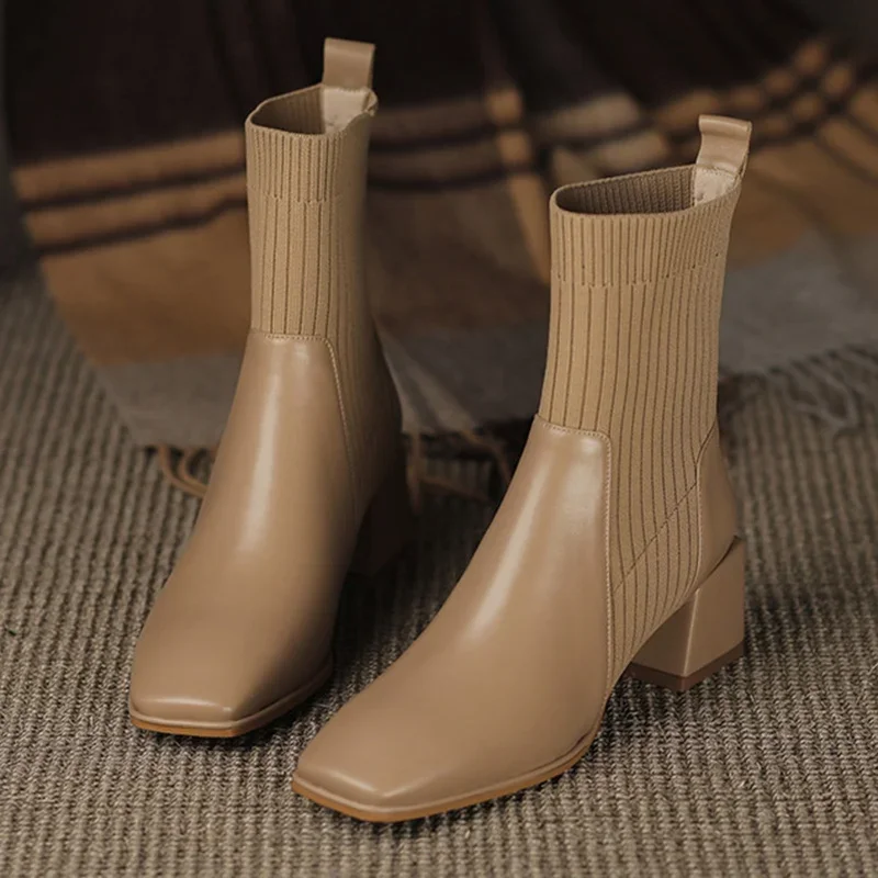 

Женские трикотажные ботинки до щиколотки, без застежки, на высоком каблуке, большие размеры до 42, Осень-зима 2023