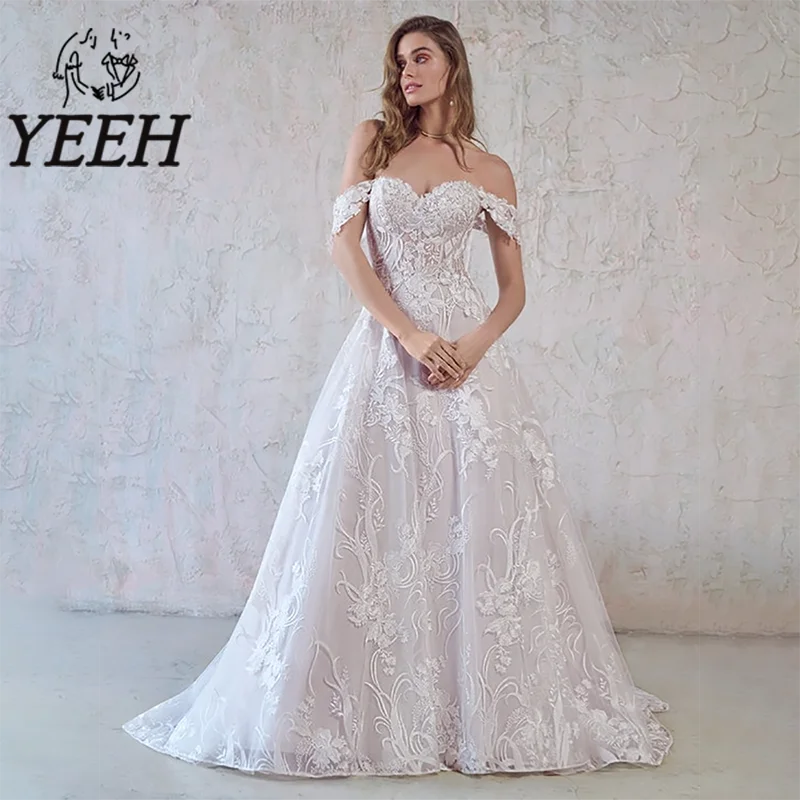 

YEEH Sweetheart Neckline Wedding Dress Lace Appliques Bridal Gown Off-the-shoulder Court Train Vestido De Noiva for Bride