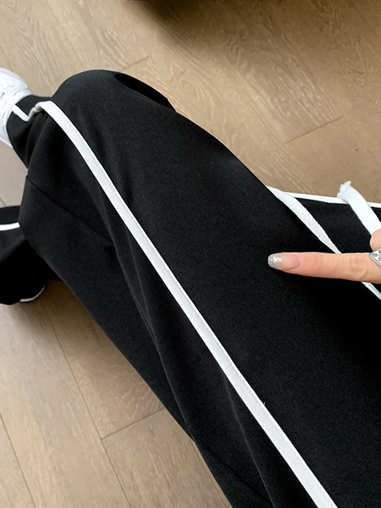 Casual Drawstring Side Stripe Wide Leg Pants Lace Up High Waist Loose Straight Pant Autumn Plush Sweatpants Women's Trousers