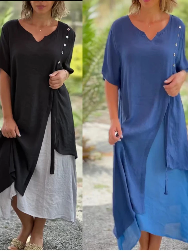 

Женское асимметричное платье средней длины, повседневное свободное пляжное платье составного кроя с V-образным вырезом и коротким рукавом, одежда в винтажном стиле на лето 2023