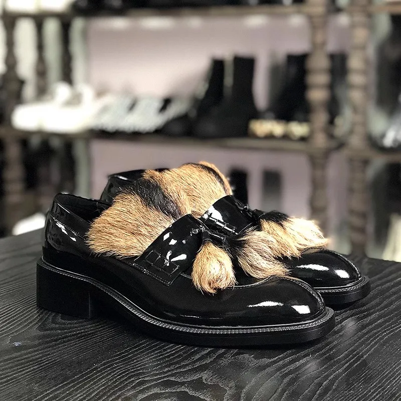 High Quality Men Dress Shoes Genuine Leather Luxury Fur Tassels Mens Business Casual Formal Shoes Black Slip-On Footwear Man