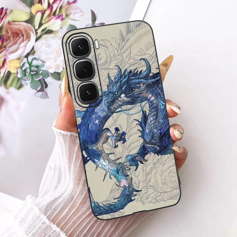 Enhanced Black Silicone Soft Phone Case with Cool Dragon, Wolf, and Tiger Design