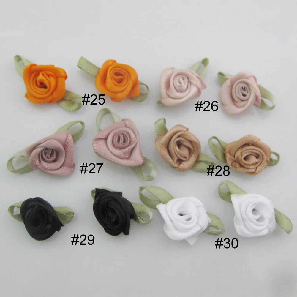 Vibrant Fabric Ribbon Rose Rosettes with Leaf - Set of 50 Flower Embellishments for DIY Crafts & Sewing Supplies