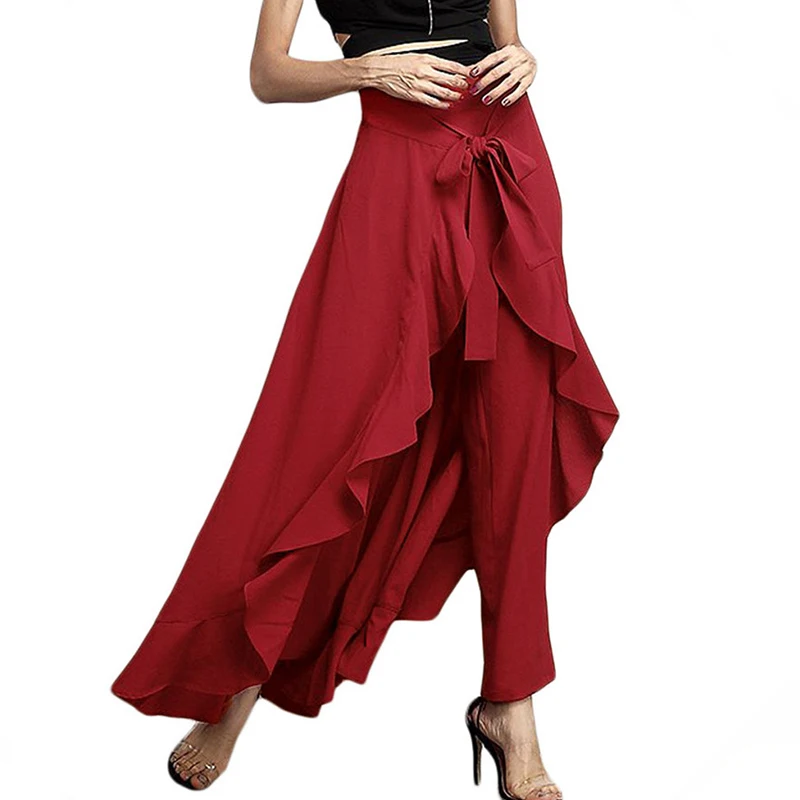 

Women Palazzo Pants Causal Ruffle Drawstring Trouser Women Elegant High Waist Irregular Loose Dancing Beach Female Pant Skirt