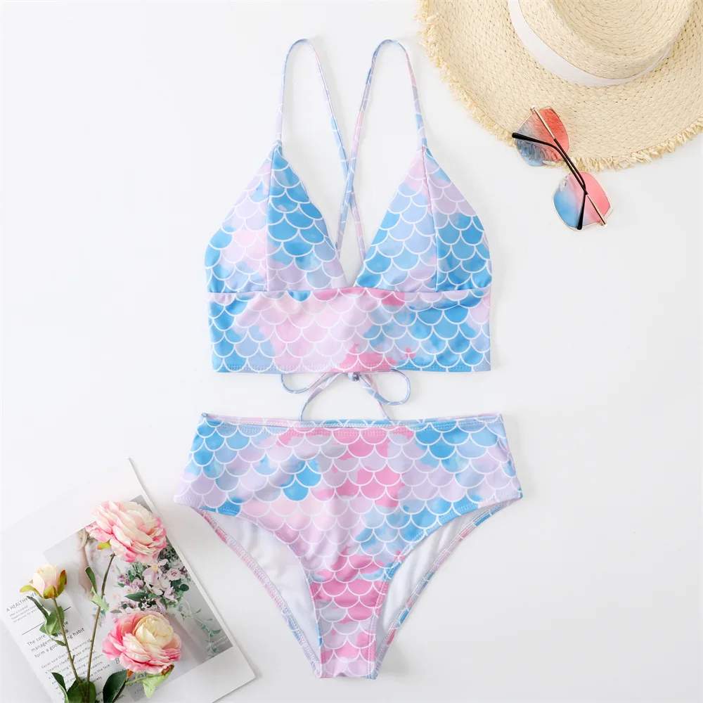 The 2023 New Bikini Ladies' Split-body Fish-scale Slimming And High-waisted Back Strap Swimsuit