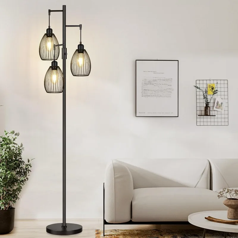Dimmable Floor Lamp, 3 x 800LM LED Edison Bulbs Included, Farmhouse Industrial Floor Lamp Standing Tree Lamp