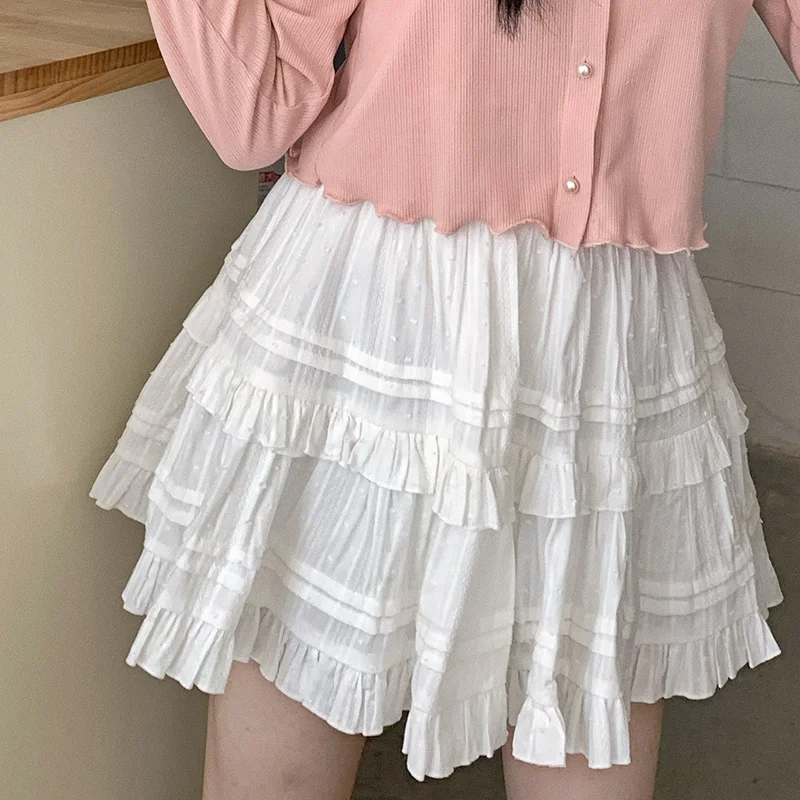 Japanese Lolita White Skirt Women Mini Vintage Ruffle Tiered High Waist Elastic Cute Girls Flare A-Line  Short Skater Skirts тетрадь 96л кл girls style эксклюзив мел картон ламинация soft touch офсет 60г м2 ассорти