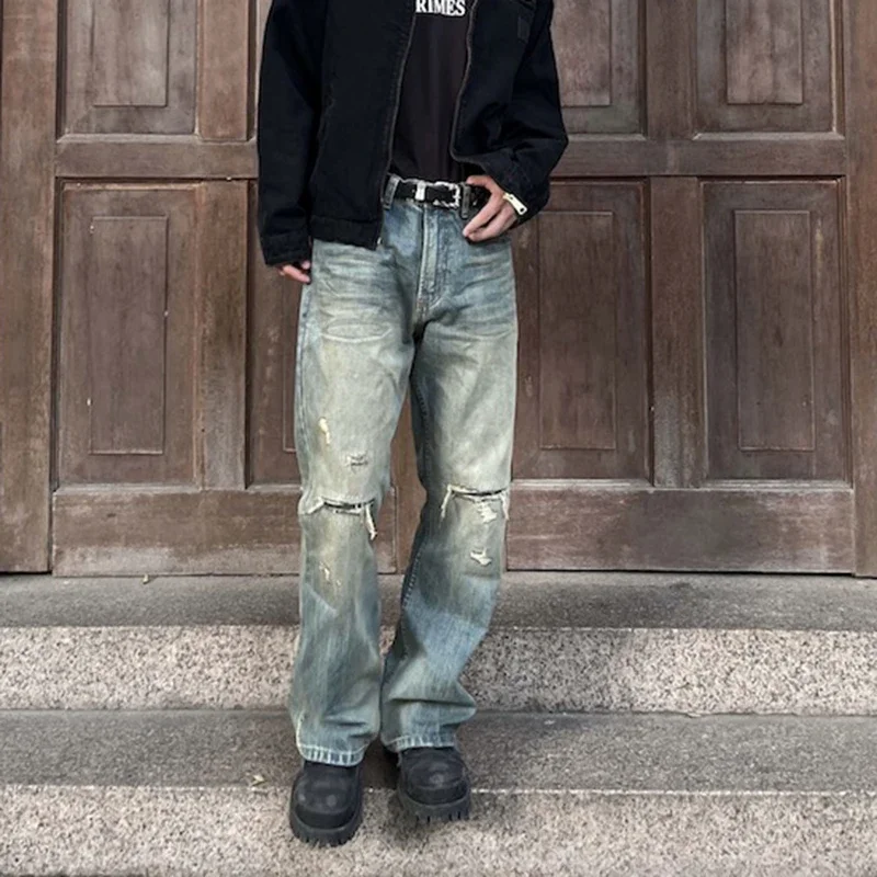 남녀공용 빈티지 스트리트웨어 홀 워싱 디스트레스드 헐렁한 플레어 청바지, 스트레이트 워싱, 손상된 부츠 컷 데님 바지
