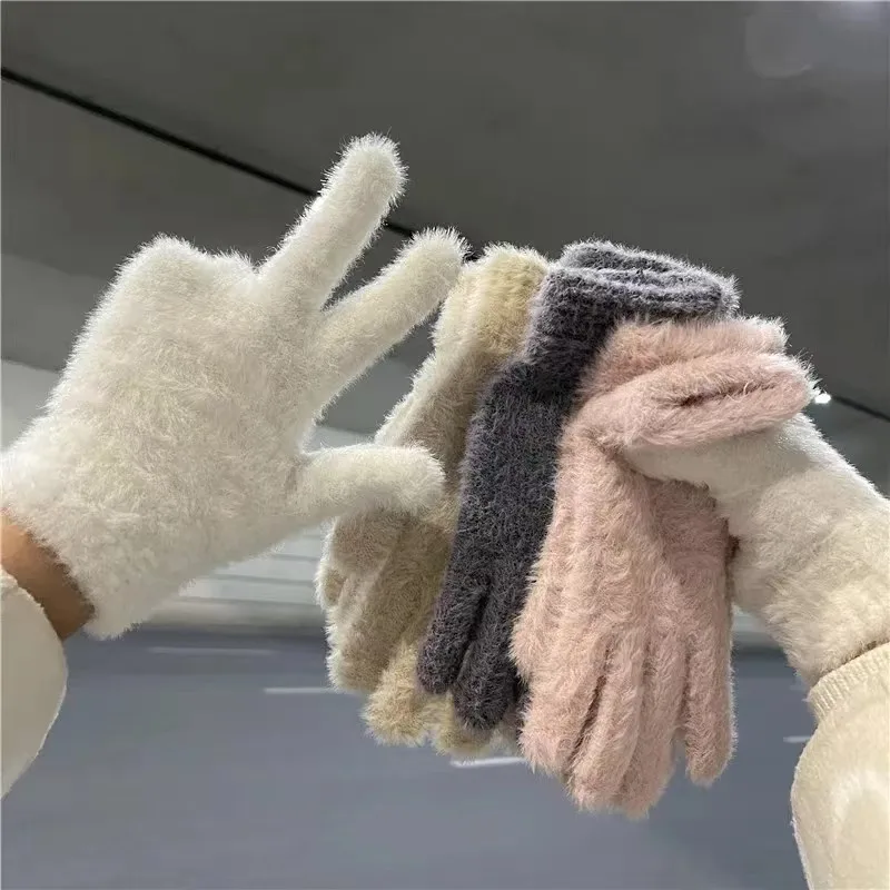 Women Winter Warm Mink Velvet Gloves Plush Five Finger Gloves Outdoors Solid Color Glove Cute Fur Fluffy Wrist Warmer Mittens solid color plush knitted gloves women outdoors cycling mittens fluffy fingerless half finger glove winter thicken warm mitten