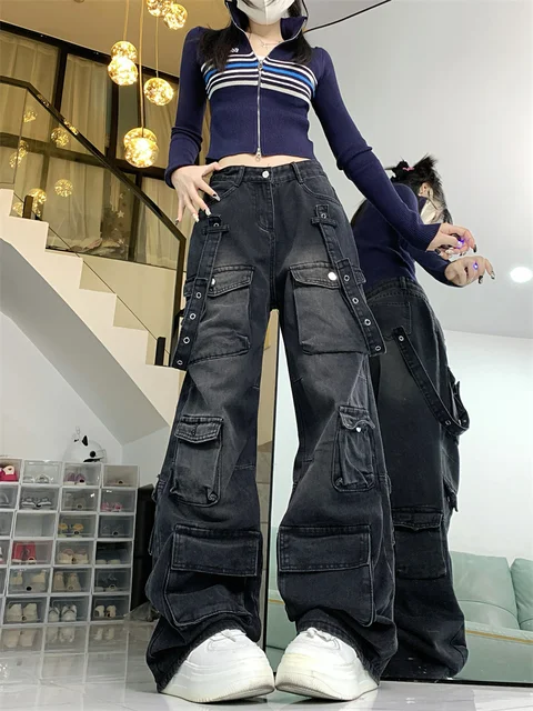 American Street Style Cargo Pants for Women Dark Gray Spring
