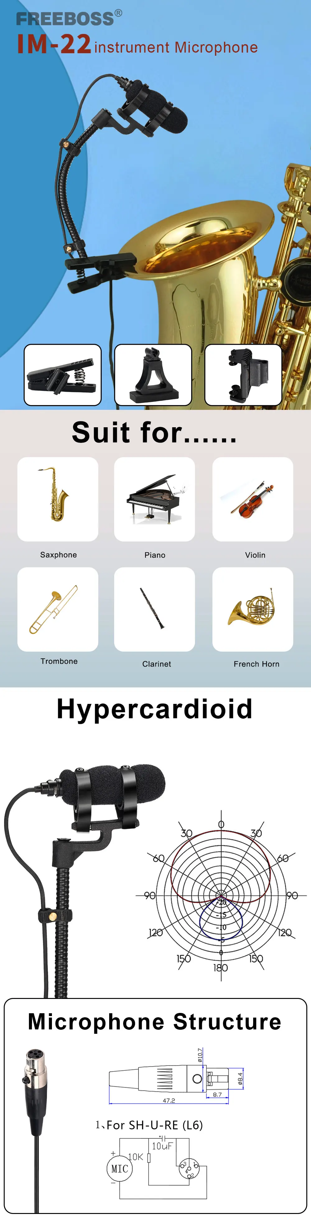 FREEBOSS 4 Pin Wind Instruments Sax Microphone Hypercardioid Mini Portable Saxphone Violin Piano Horn Wired Mic IM-22-L6