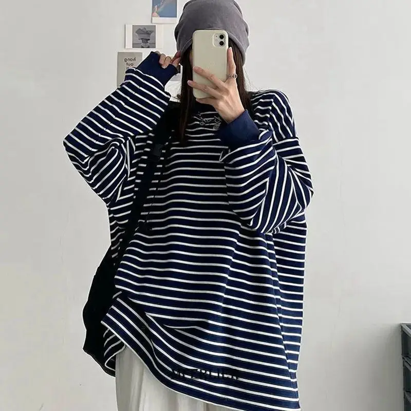 

Plus Size 6XL 150KG Long Sleeve Spring T-shirts Women Simple Pure Striped Design Retro Ins Ladies Tees Top All-match BF Style