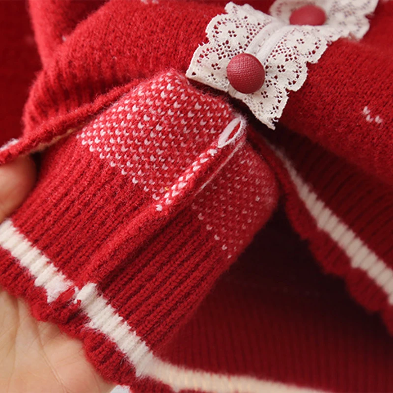 리본 레이스 러플 니트 스웨터 소녀용 긴 소매 버튼 하트 모양 크로셰 풀오버 어린이 니트웨어 니트 트위스트 탑 IY12232