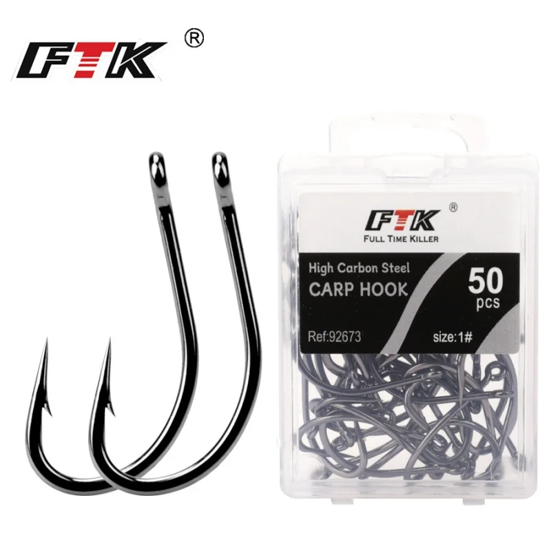 

FTK Tube for Western Carp Fishing Hook 50 Pieces Carp Hook Carp Barbed Thick Carbon Steel Fishhook Wholesale