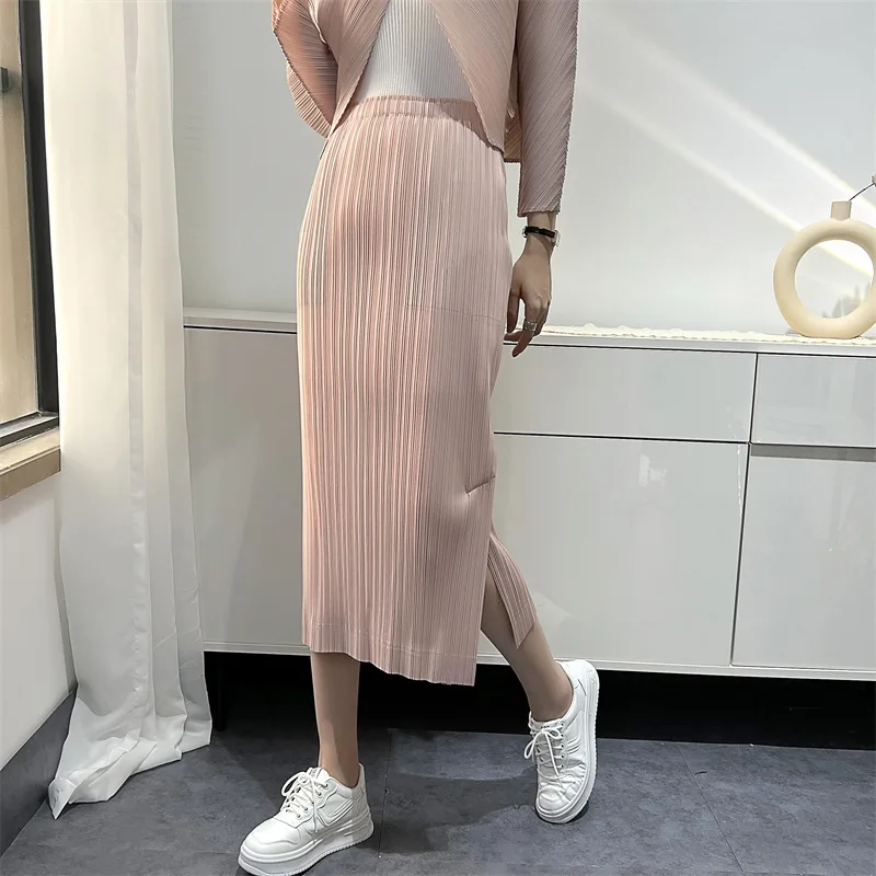 

Pleated Half Skirt Women's Side Split High Waist Commuter Mid Length 2022 Summer New 100 Pleated Half Skirt