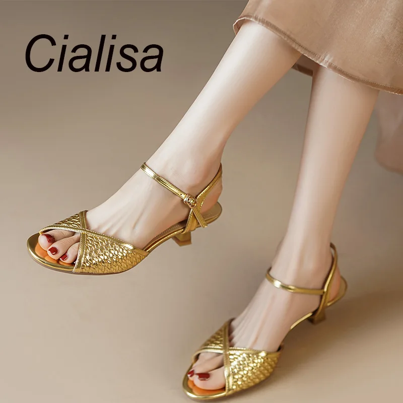

Cialisa New Style Sandals Summer Women Shoes 2023 Fashion Party Dress Handmade Buckle Strap 4cm Mid Heels Ladies Sandals Gold 40