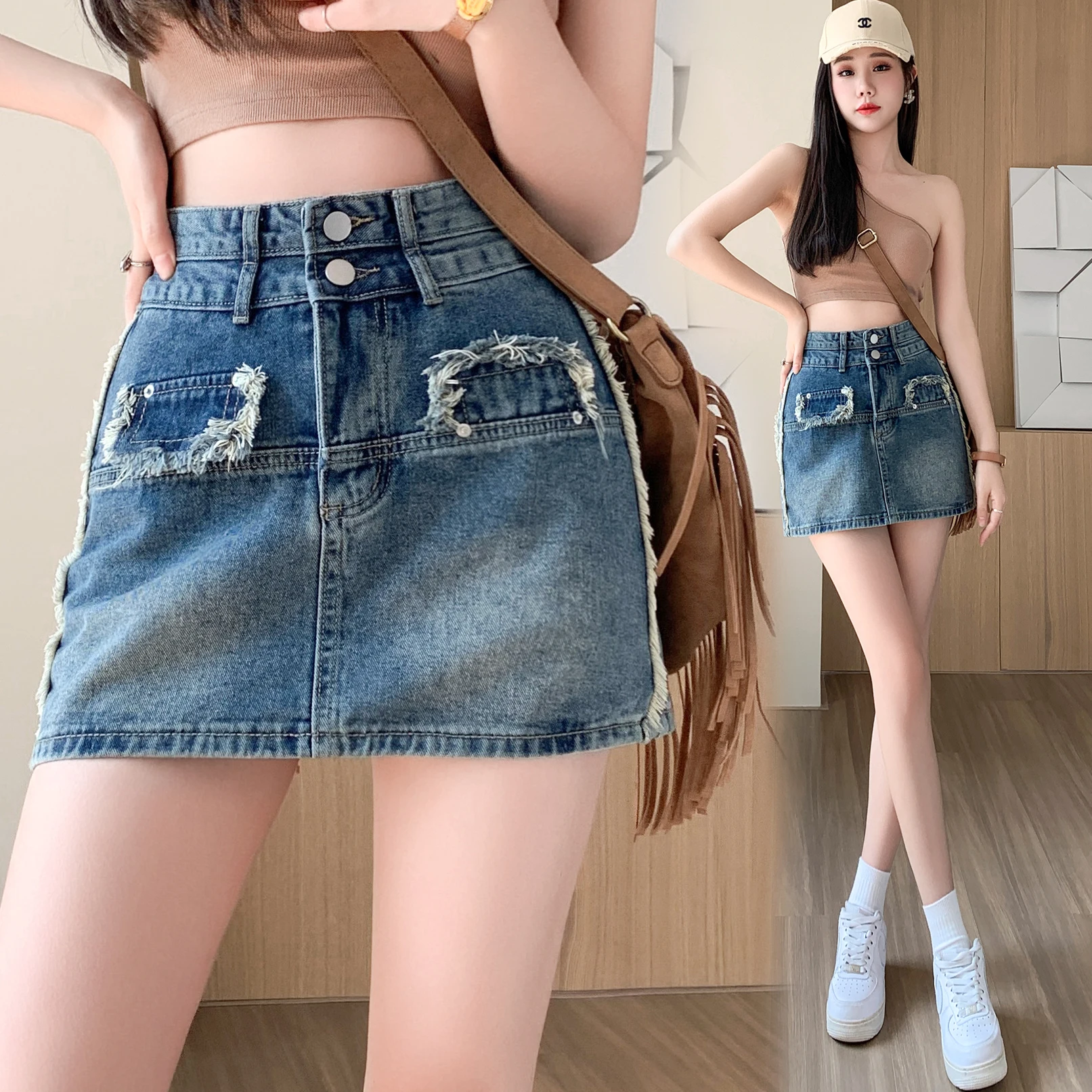 Denim Skirt Female Spring/Summer Blue Commuter Short Skirt High Waist Slim Sweet Cool Spicy Girl Style Mini Short Skirt Wrapped