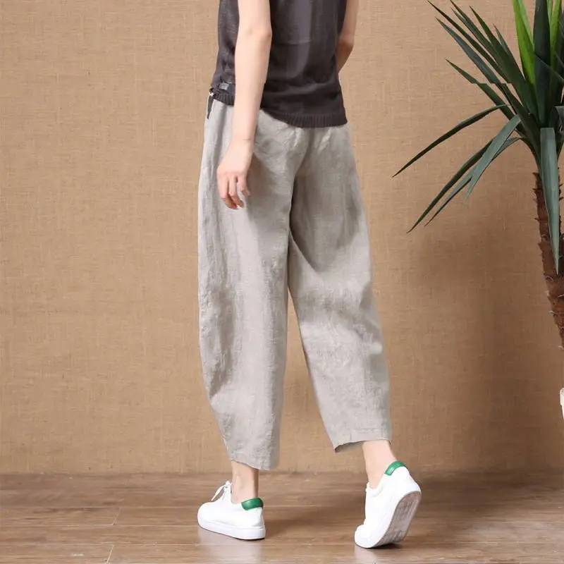 Loose Wide Leg Cotton Linen Pants High Waist Nine Points Women's plus Size Summer New Sle Casual Trousers Versatile Loose Fit 3