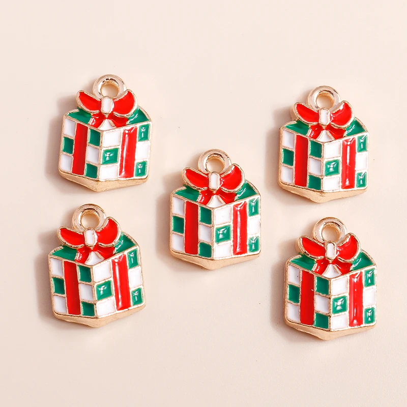 Leslie 10 Stück 13 x 10 mm Cartoon-Weihnachtsgeschenkbox-Anhänger für die Schmuckherstellung, DIY, niedliche Weihnachtsanhänger für Ohrringe, Armbänder, Halsketten