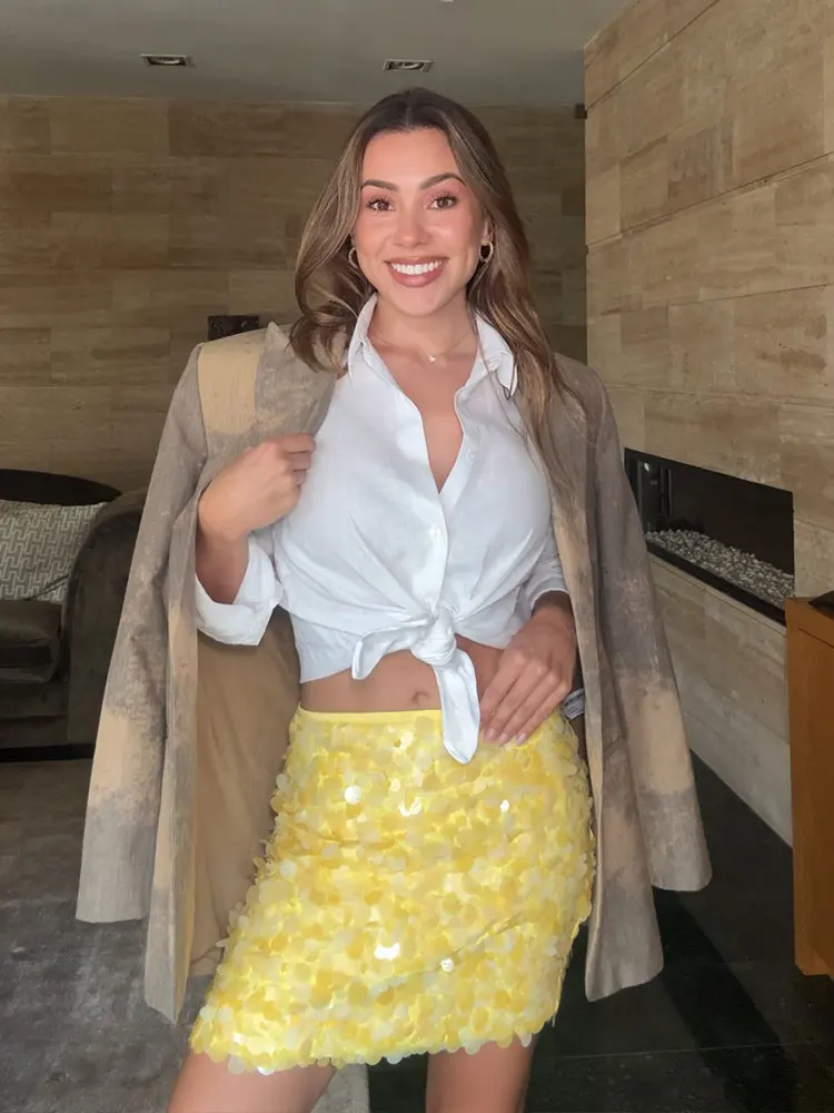 HH Yellow Skirts For Women Fashion Sequin Mini Skirt 2025 Elegant Lady Party Skirt Side Zipper Slim High Waist A Line Skirts