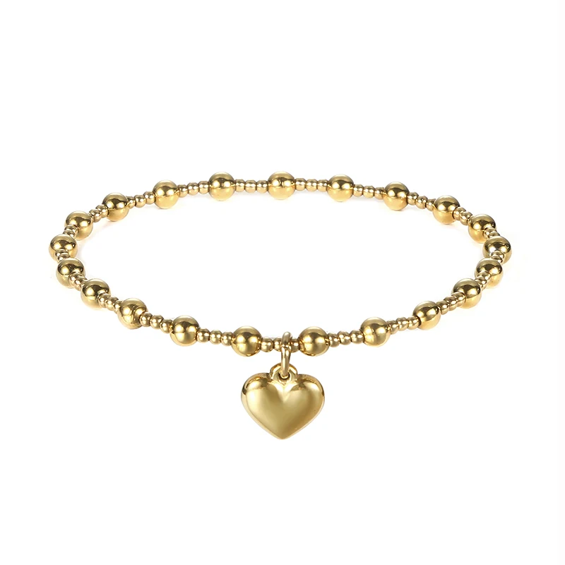 Stainless Steel Jewelry Girl Party Durable Solid Round Beads Smooth Heart-Shaped Elasticity Bracelet