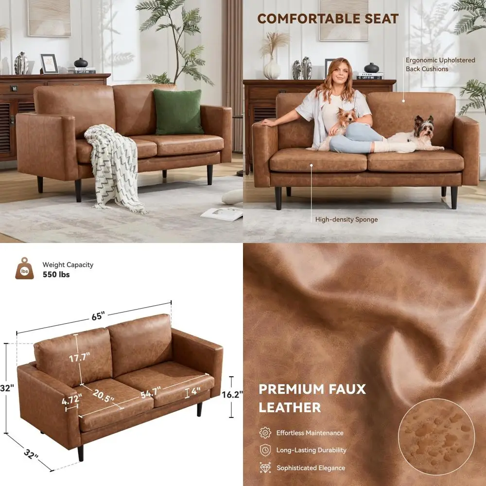 ミッドセンチュリーモダンなフェイクレザーラブシートソファ、リビング