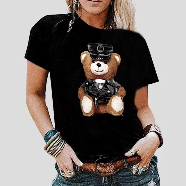 Fashion Bear Print Women T-Shirt Harajuku Round Neck Casual Loose Short Sleeve Summer Slim Soft Tops Clothing Hip Hop Streetwear 3bear021