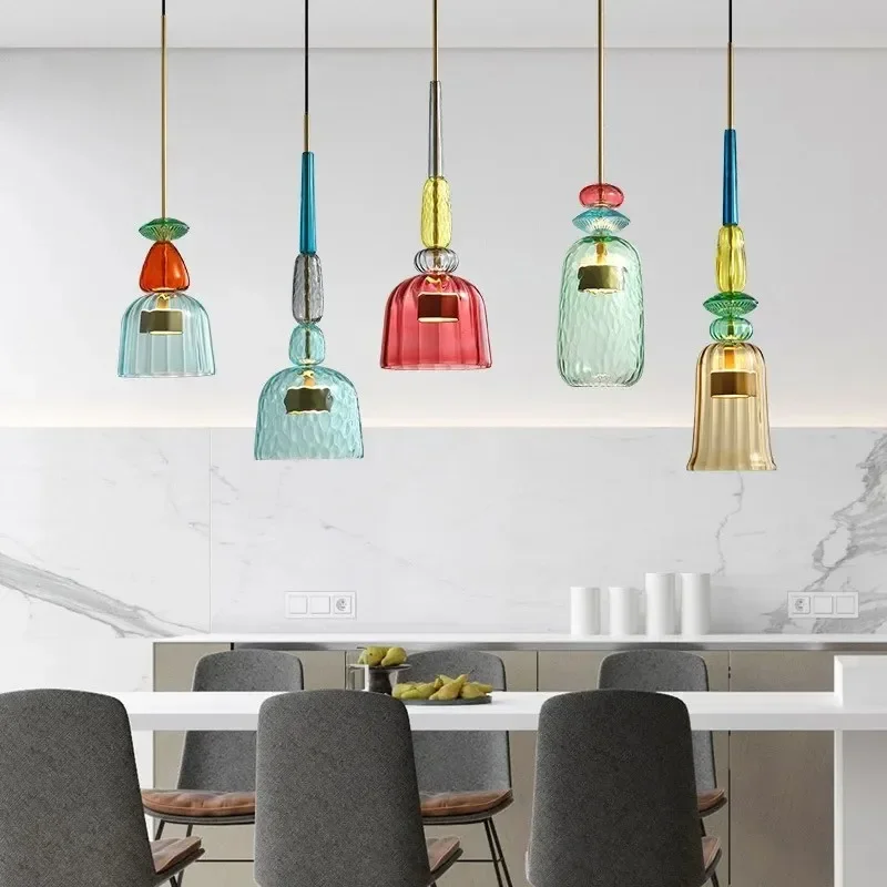 Scandinavian Macaron Colourful Dining Room Lampshade Modern Simple Creative Dining Table Candy Colourful Luster Glass Chandelier