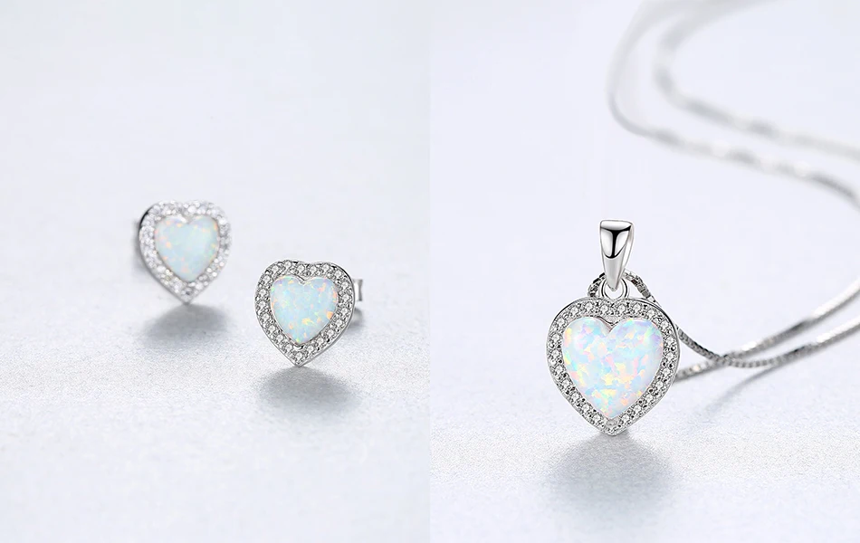 100% Sterling Silver Heart Opal Pendant Necklace for Women Charming Silver Chain Christmas Girls_voghion.com