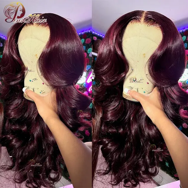 Perruques Lace Front Cheveux Humains Couleur Bourgogne Pré-Pluckées Body Wave 13x4 pour Femmes, Perruque Lace Front Remy 180