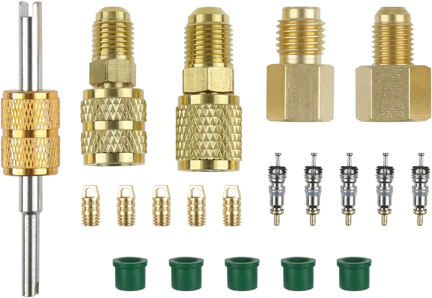 Valve Core Remover 20pcs/set Mini Split R410A R134A Adapters 5/16" 1/4" SAE Plug 1/2" Acme Male To Female Brass Fitting Kit with Valve Core Remover valve core remover
