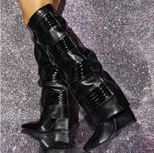 

Size 47 Black Leather Patchwork Pointed Toe Tube Slip On Height Increasing Wedges Heel Knee High Long Boots Shoes Drop Shipping