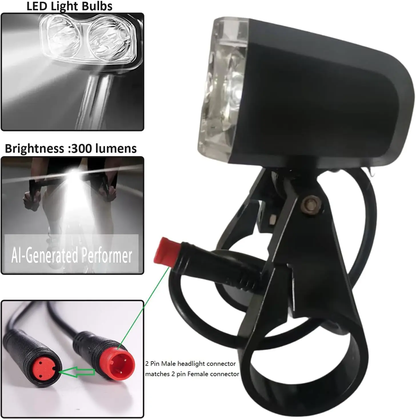 24-60V 방수 LED 전기자전거 헤드라이트(혼 포함), 2/3핀 남성/여성 플러그, 핸들바 장착 디자인