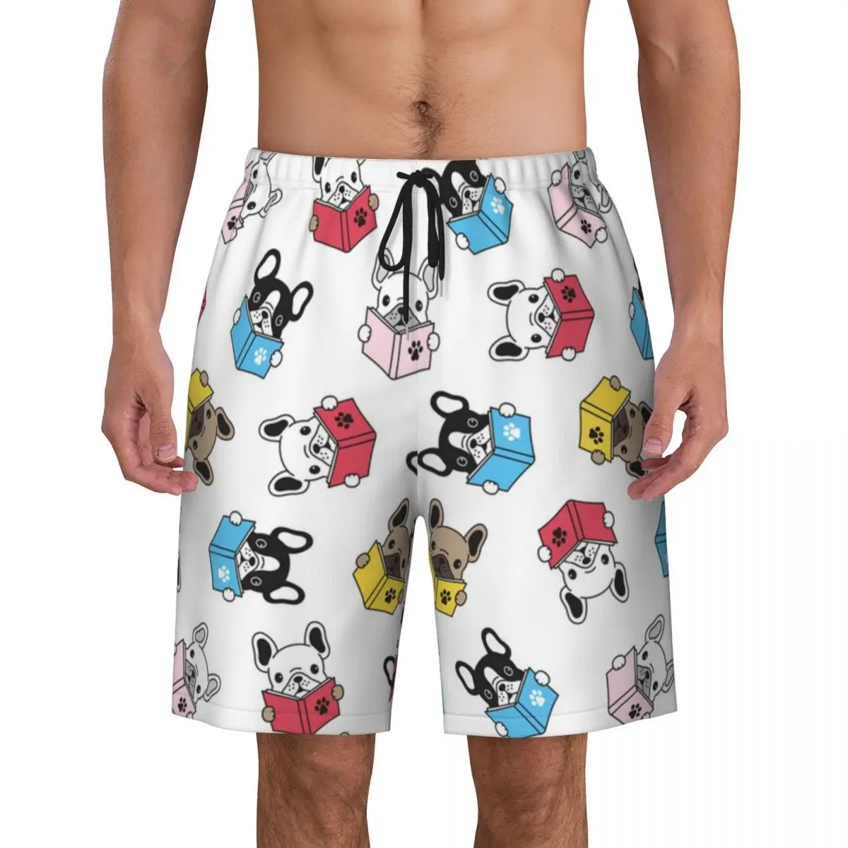 

French Bulldog Reading A Book Print Mens Swim Trunks Quick Dry Beachwear Beach Board Shorts Trendy Pet Dog Boardshorts